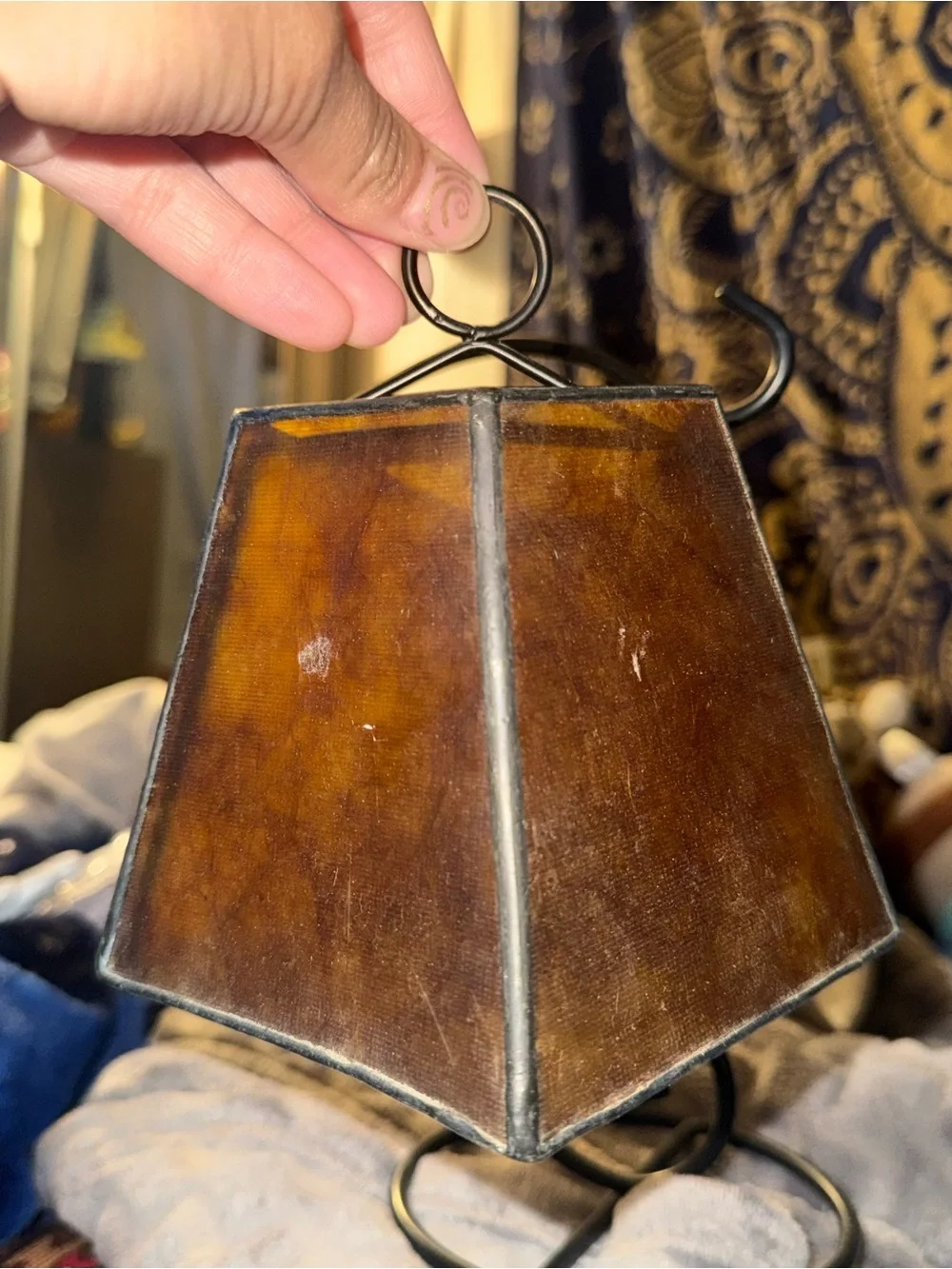 Hanging Lantern on Curved Black Metal Stand
